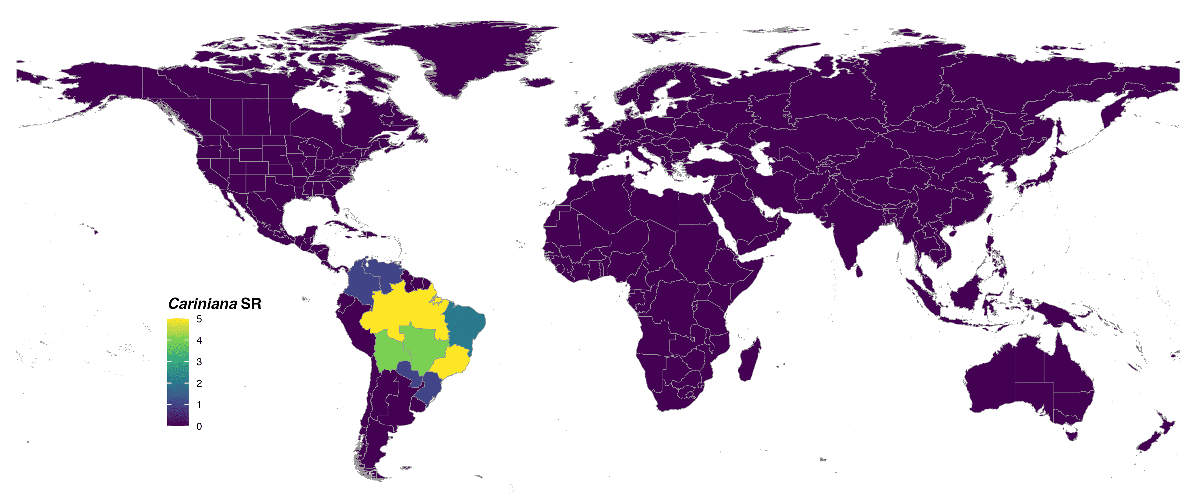 FIGURE 2. Global species richness of the genus _Cariniana_ at botanical country level and colored with viridis scale.