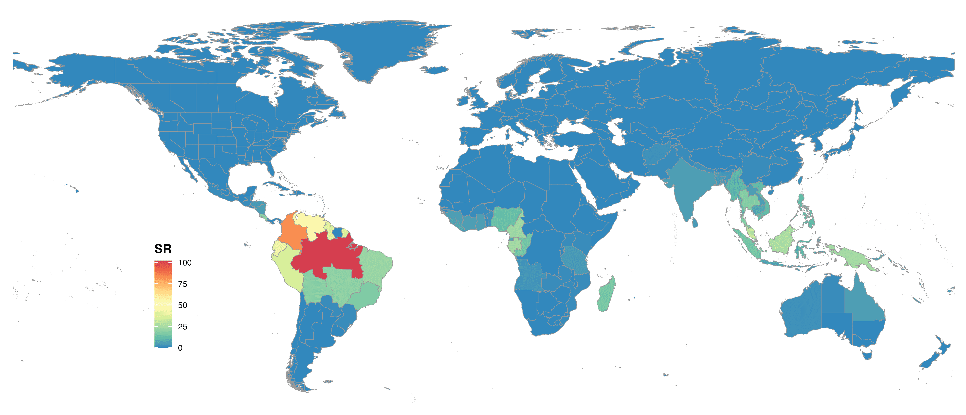 FIGURE 6. Global species richness of Lecythidaceae at botanical countries and colored with Spectral scale.