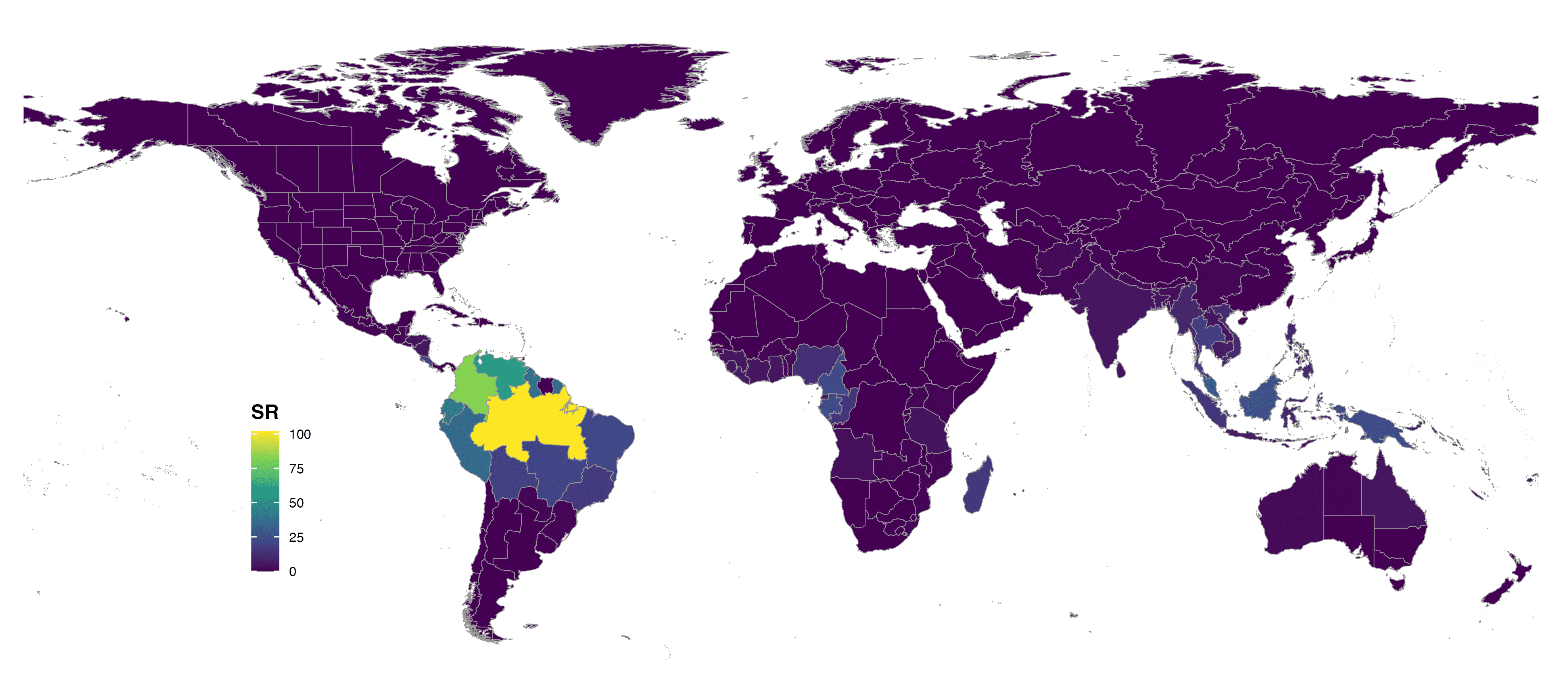 FIGURE 5. Global species richness of Lecythidaceae at botanical countries and colored with viridis scale.