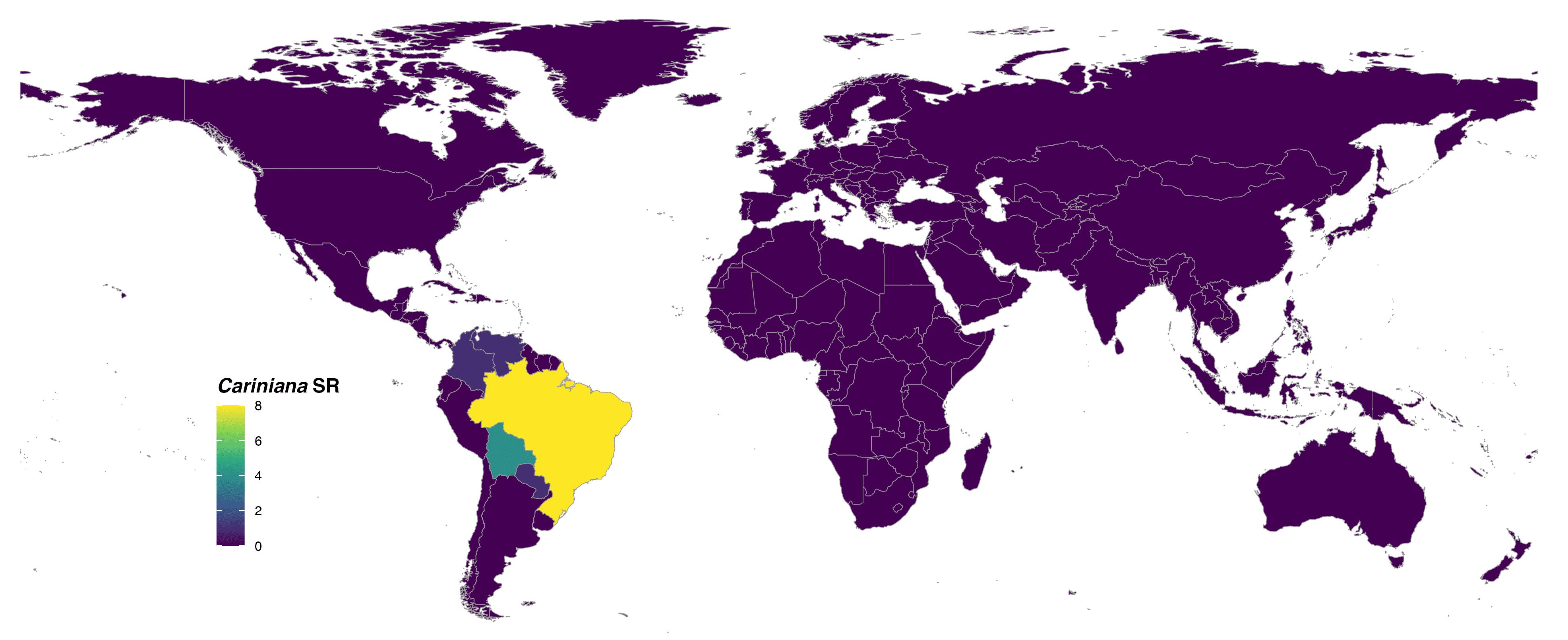FIGURE 1. Global species richness of the genus _Cariniana_ at country level and colored with viridis scale.