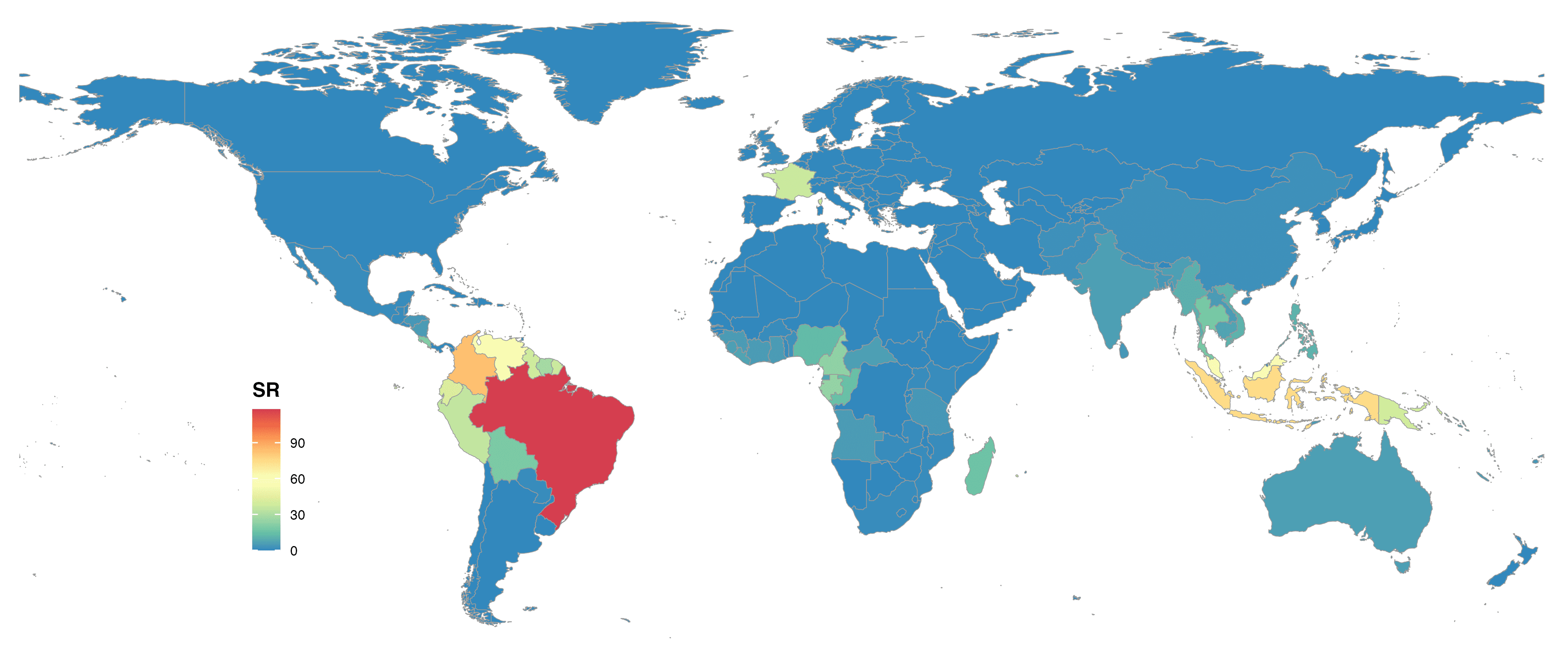 FIGURE 4. Global species richness of Lecythidaceae at country level and colored with Spectral scale.