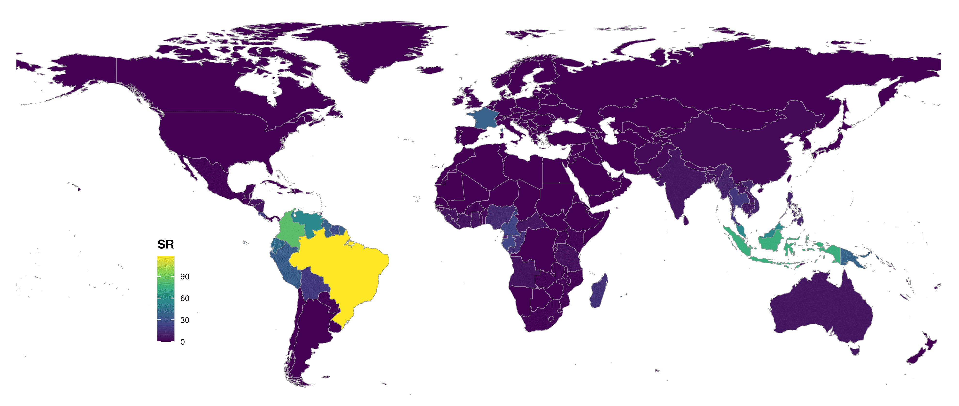 FIGURE 3. Global species richness of Lecythidaceae at country level and colored with viridis scale.